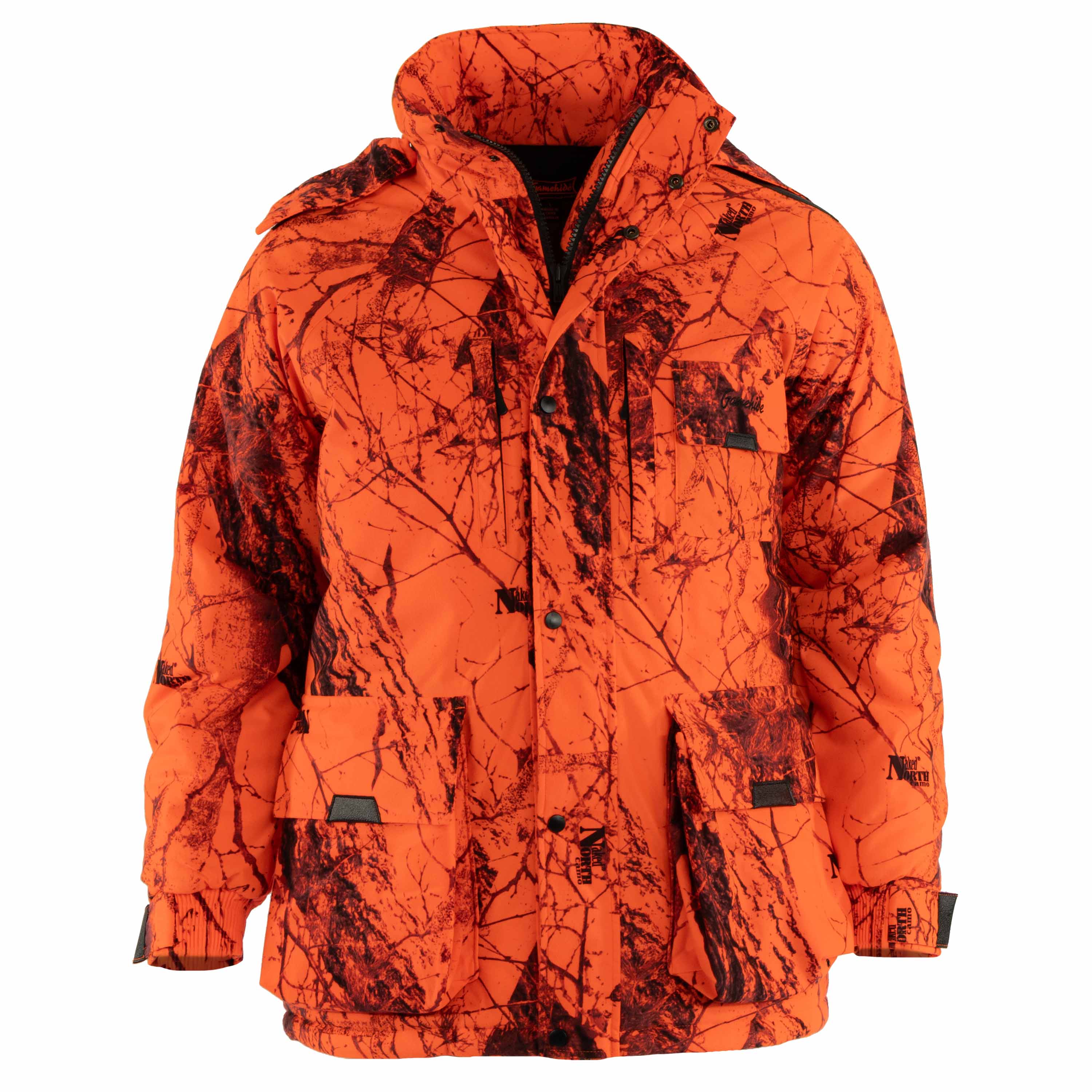 Snapcartshop whisper insulated parka - front (naked north blaze orange camo)