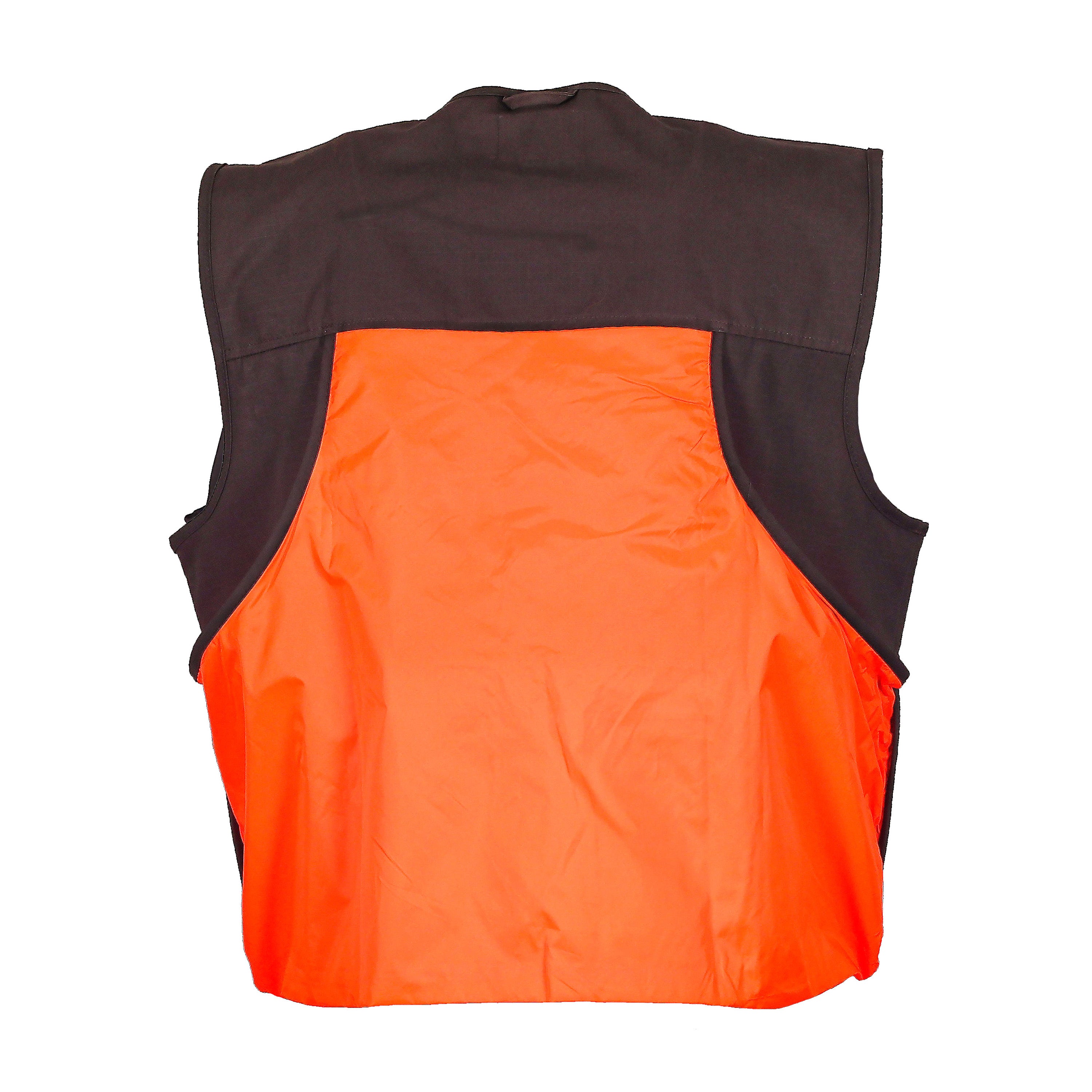 Snapcartshop shelterbelt vest back view (dark brown/blaze orange)