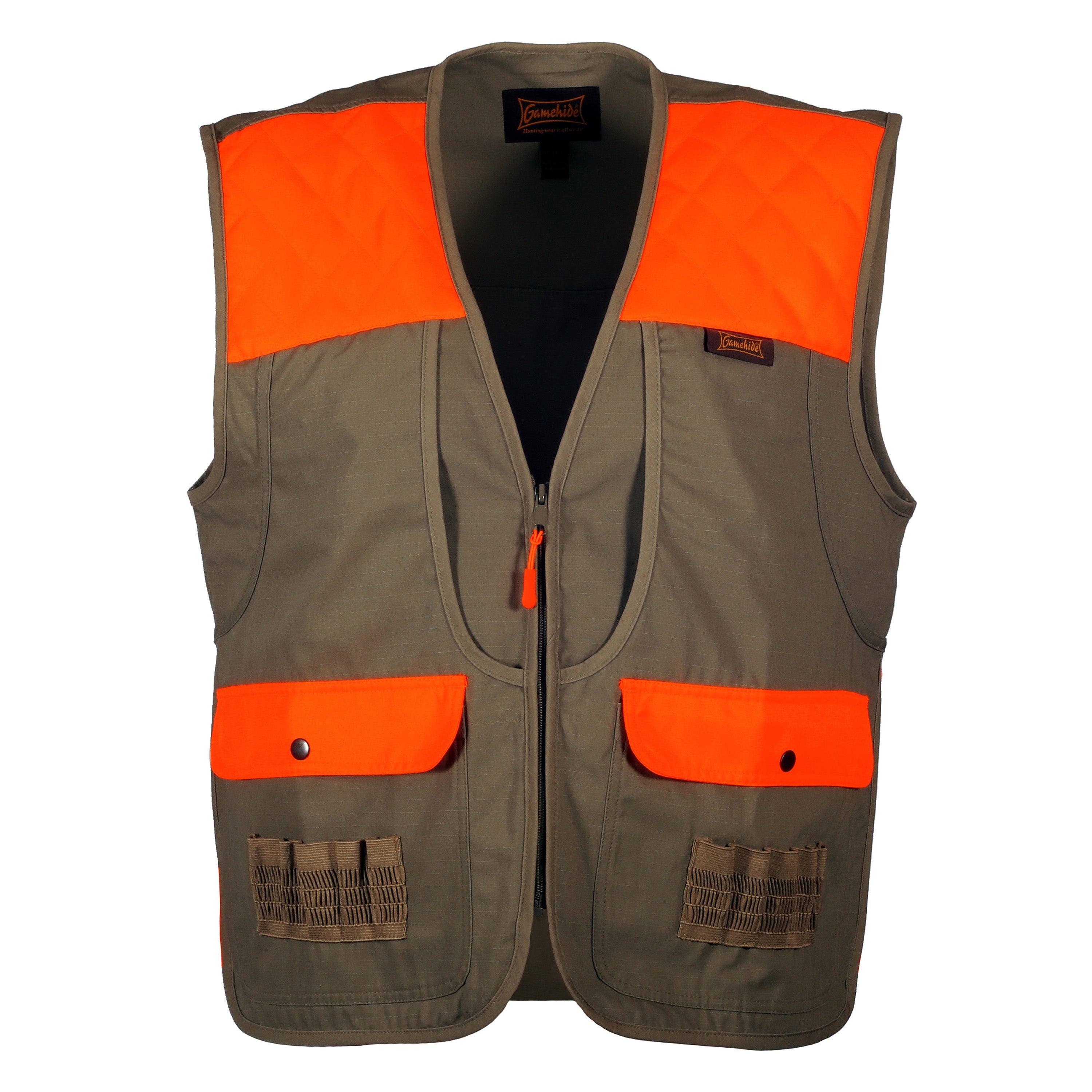 Snapcartshop shelterbelt vest front view (khaki/blaze orange)