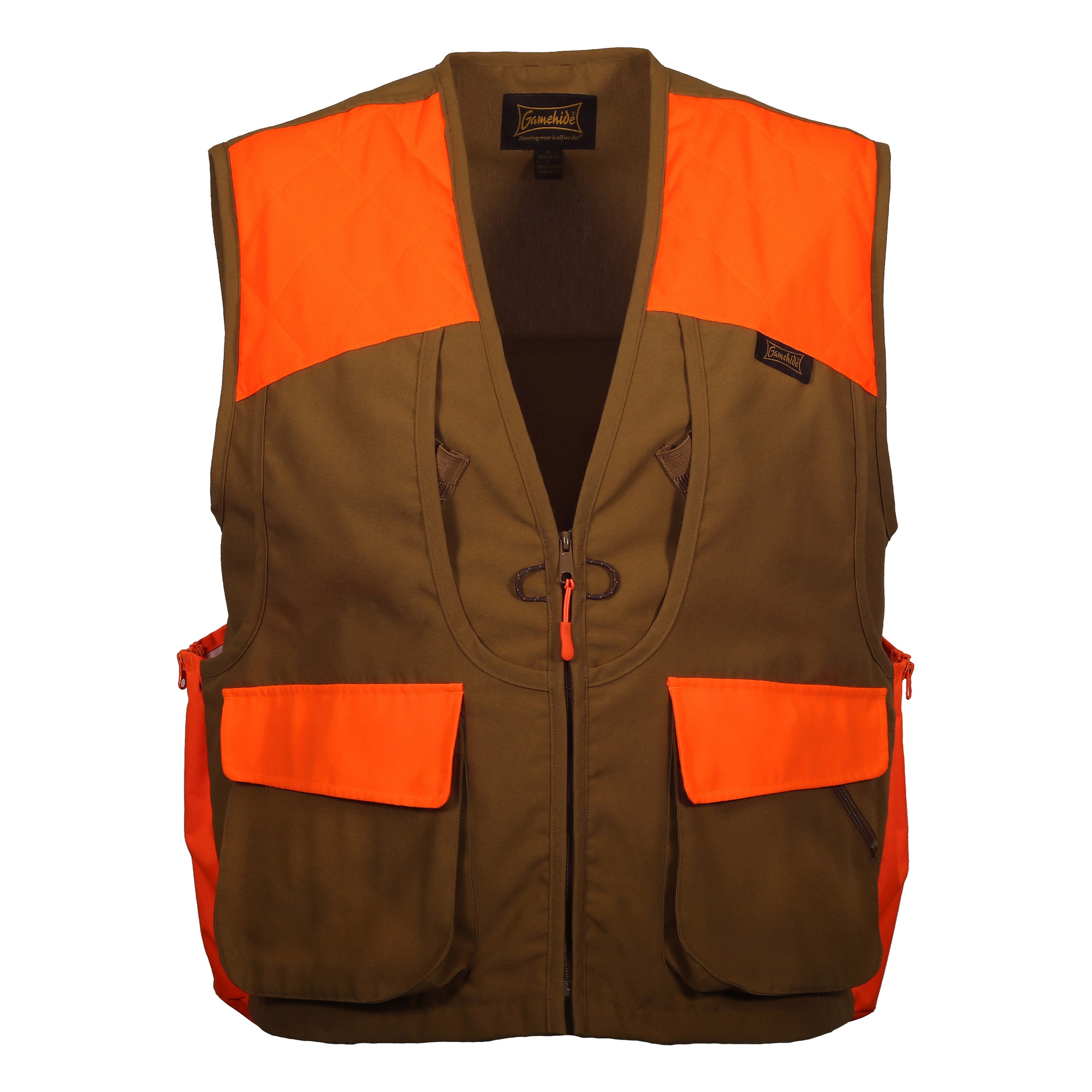 Load image into Gallery viewer, Snapcartshop Outfitters Upland Vest front (marsh brown/blaze orange)

