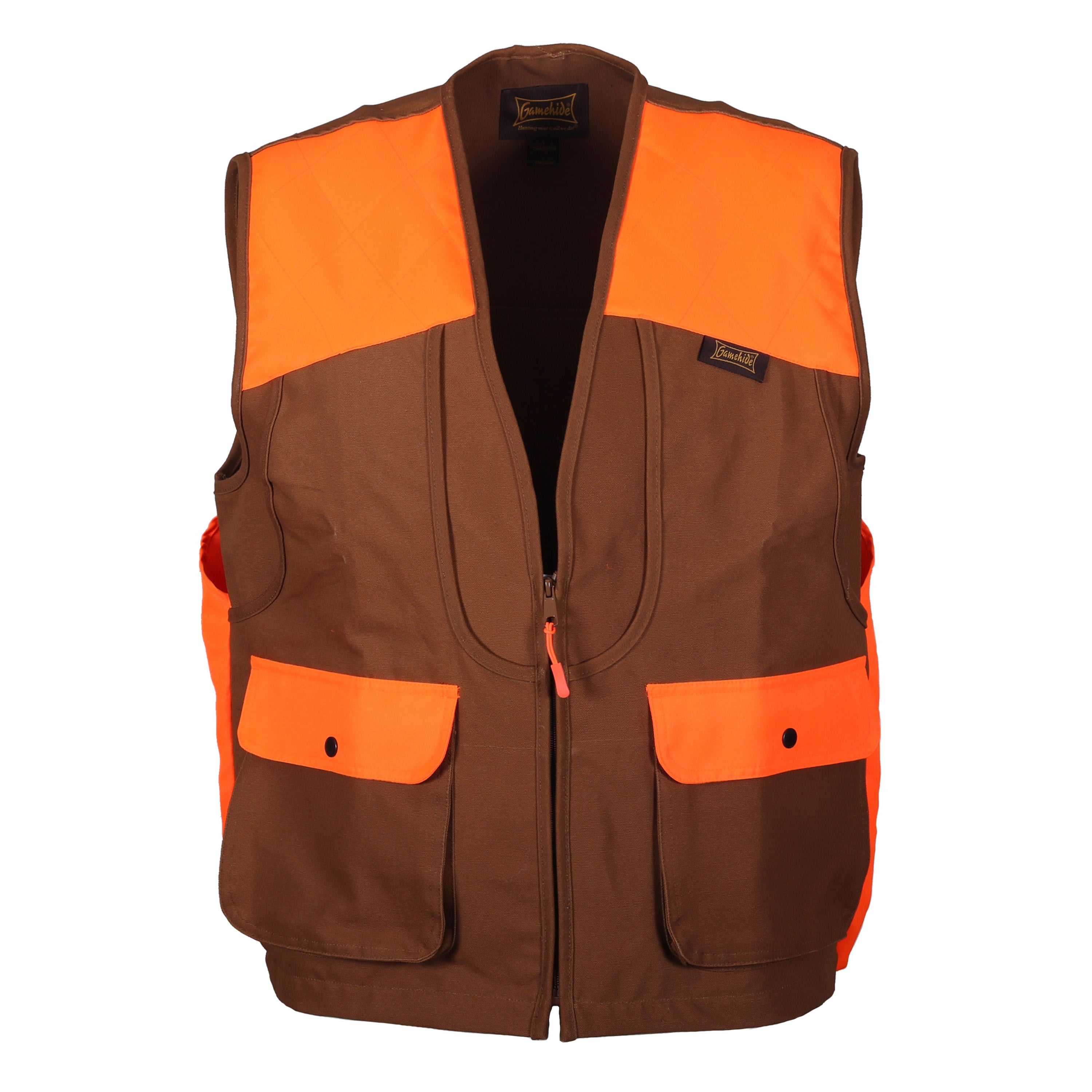 Load image into Gallery viewer, Briar Proof Upland Hunting Vest front (marsh brown/blaze orange)
