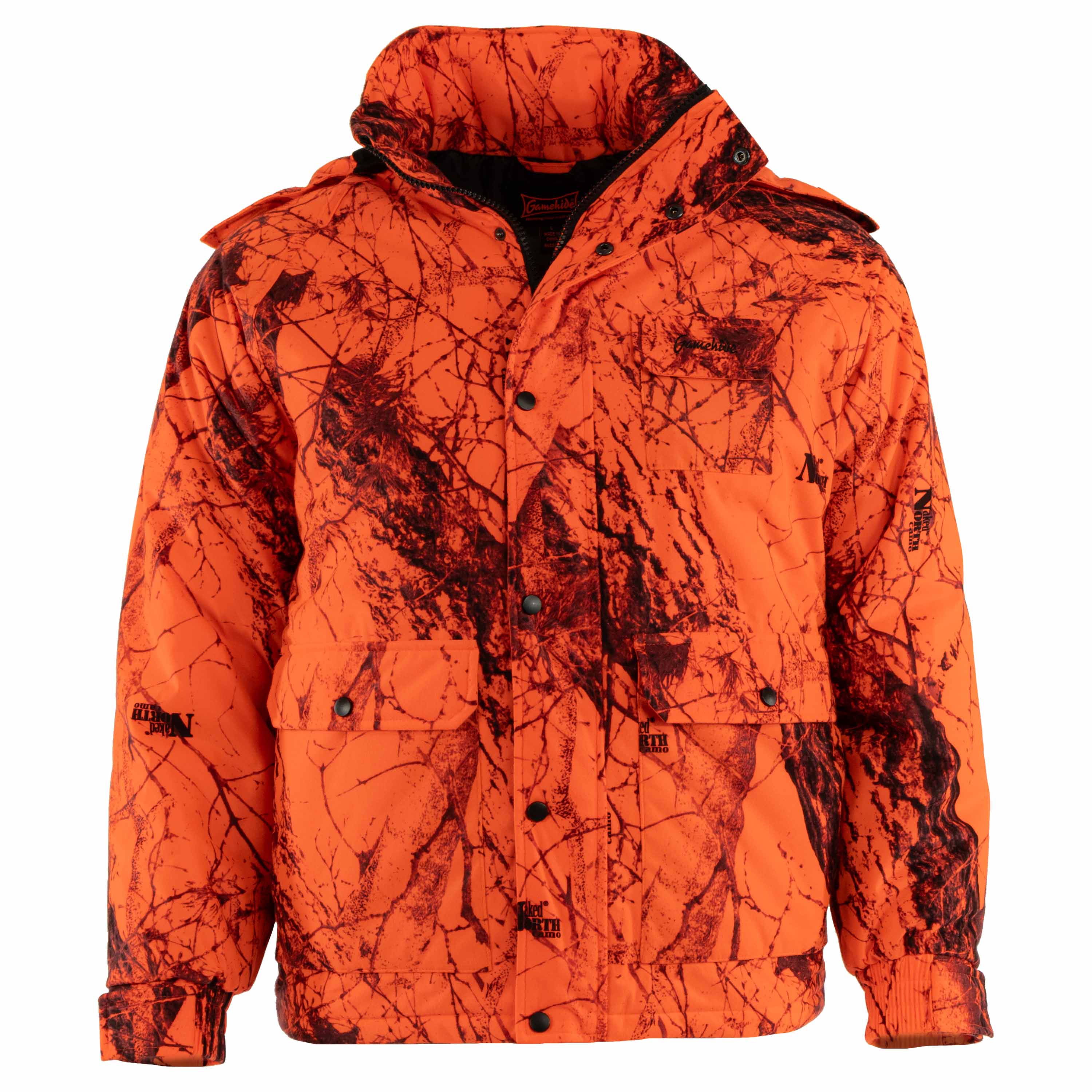 Load image into Gallery viewer, Snapcartshop Flatland Parka front (naked north blaze orange camo)
