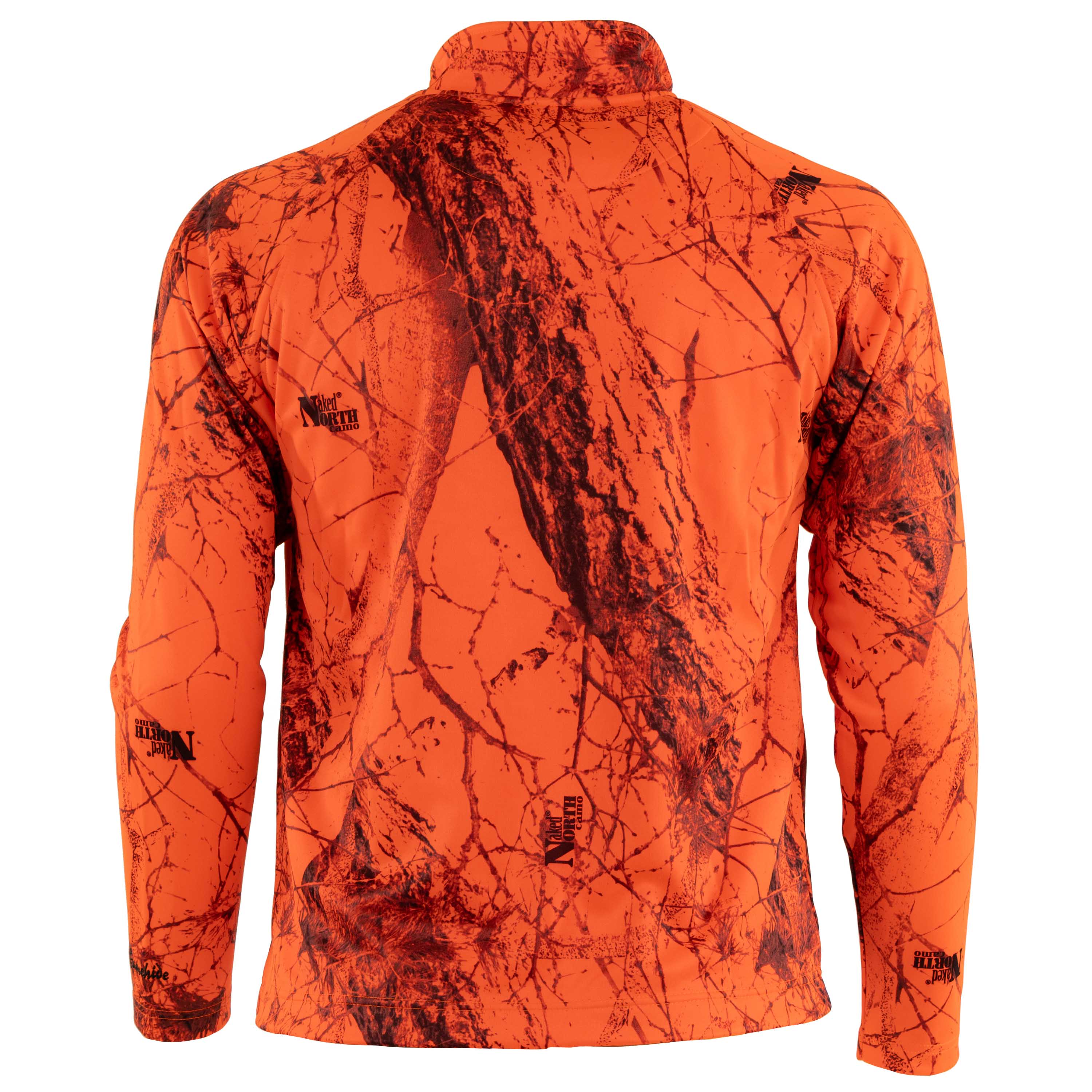 Load image into Gallery viewer, Snapcartshop fleece hunt camp jacket - back view (naked north blaze orange camo)
