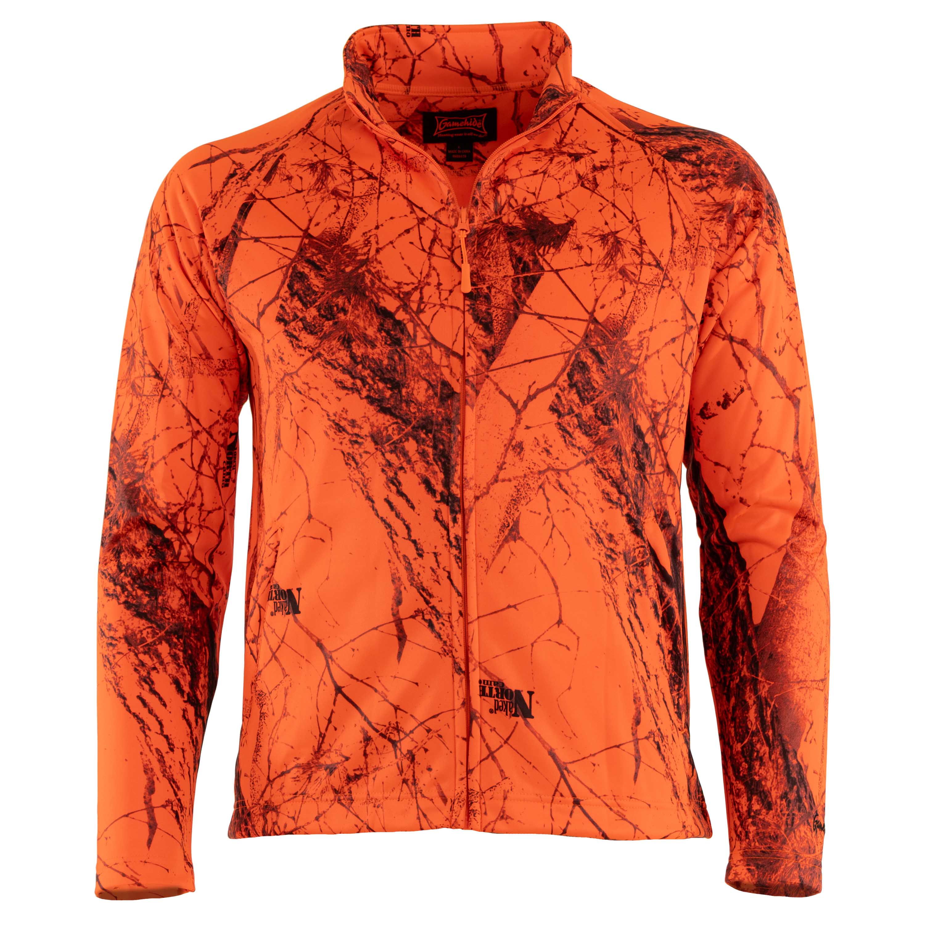 Load image into Gallery viewer, Snapcartshop fleece hunt camp jacket - front view (naked north blaze orange camo)

