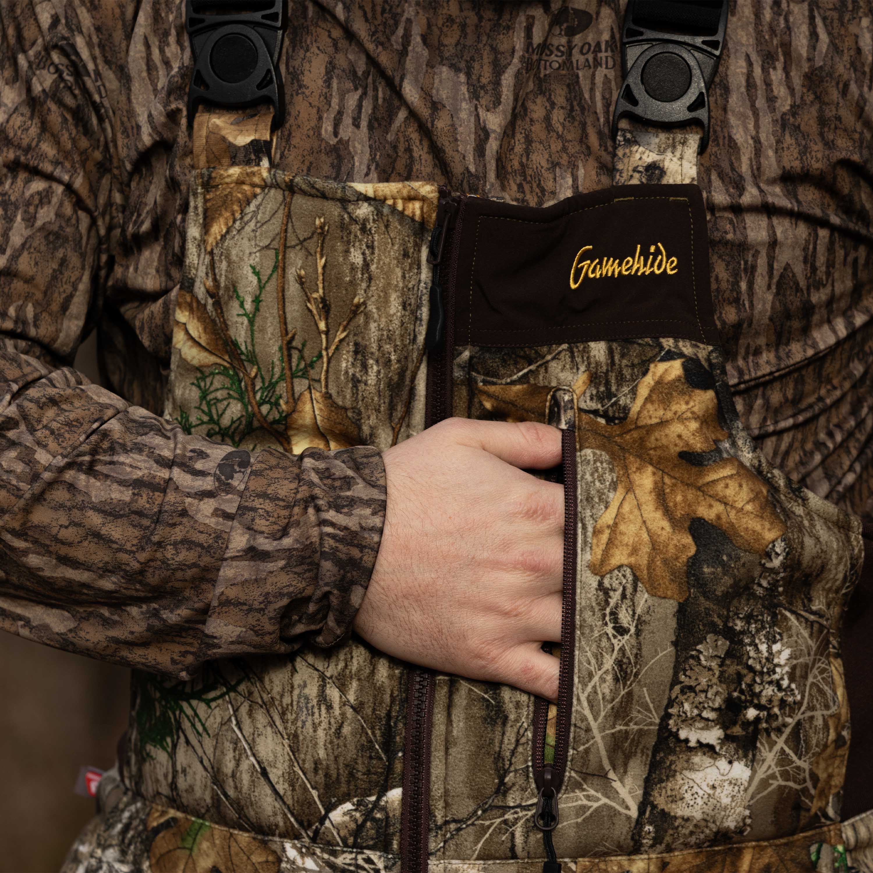 primaloft hunting bib front zip pocket