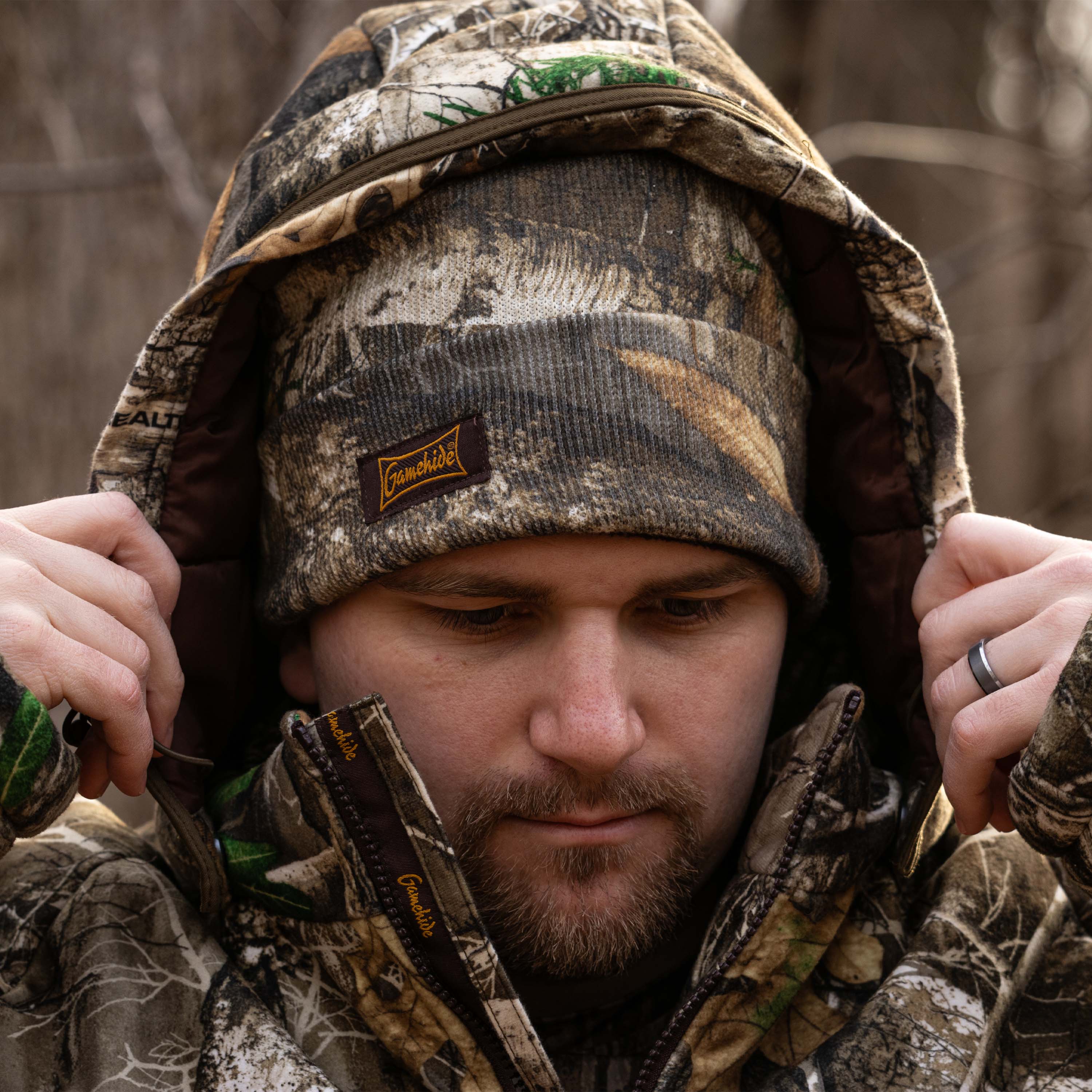 Cold weather parka hunting hood view