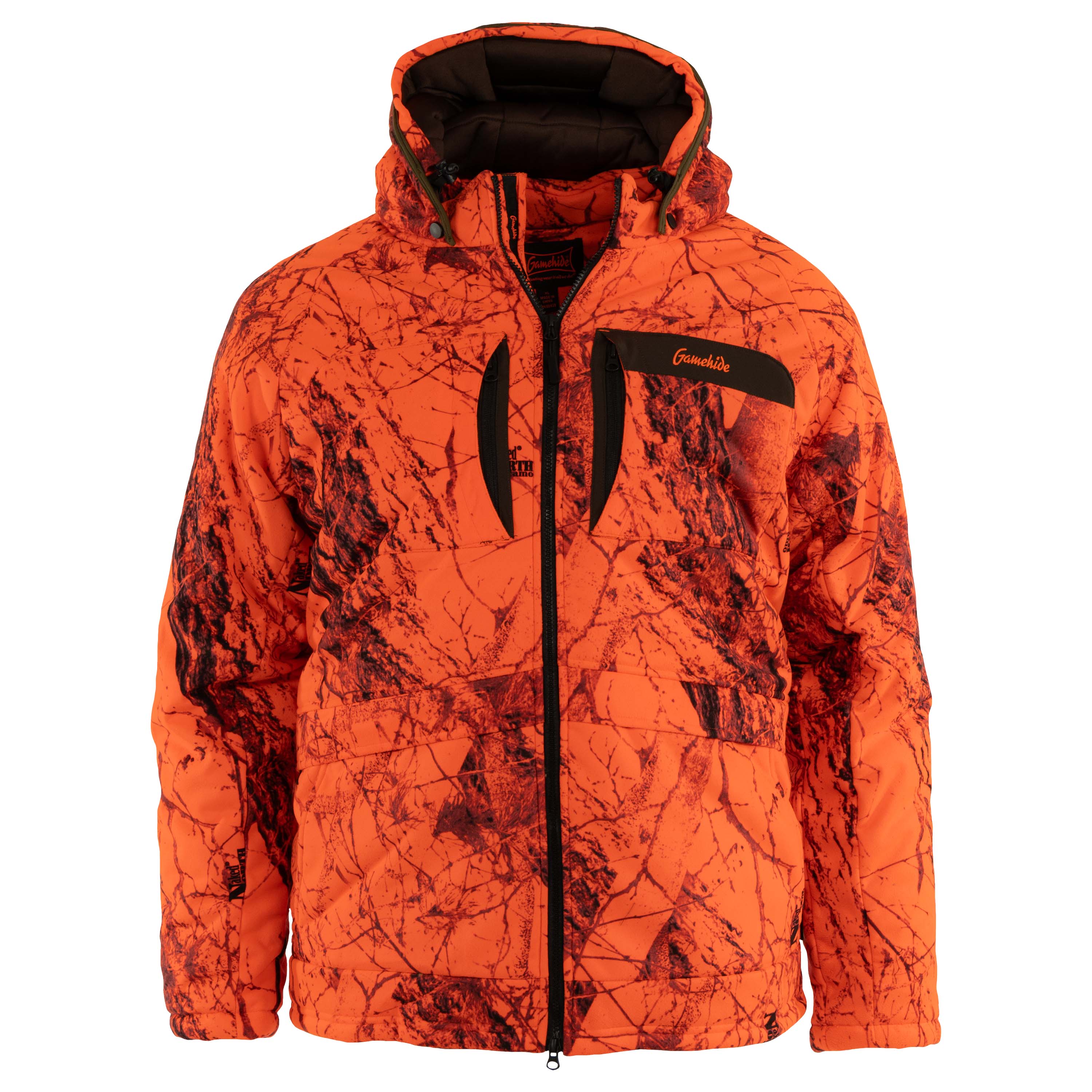Load image into Gallery viewer, Embers Edge parka - front view (naked north blaze orange camo)

