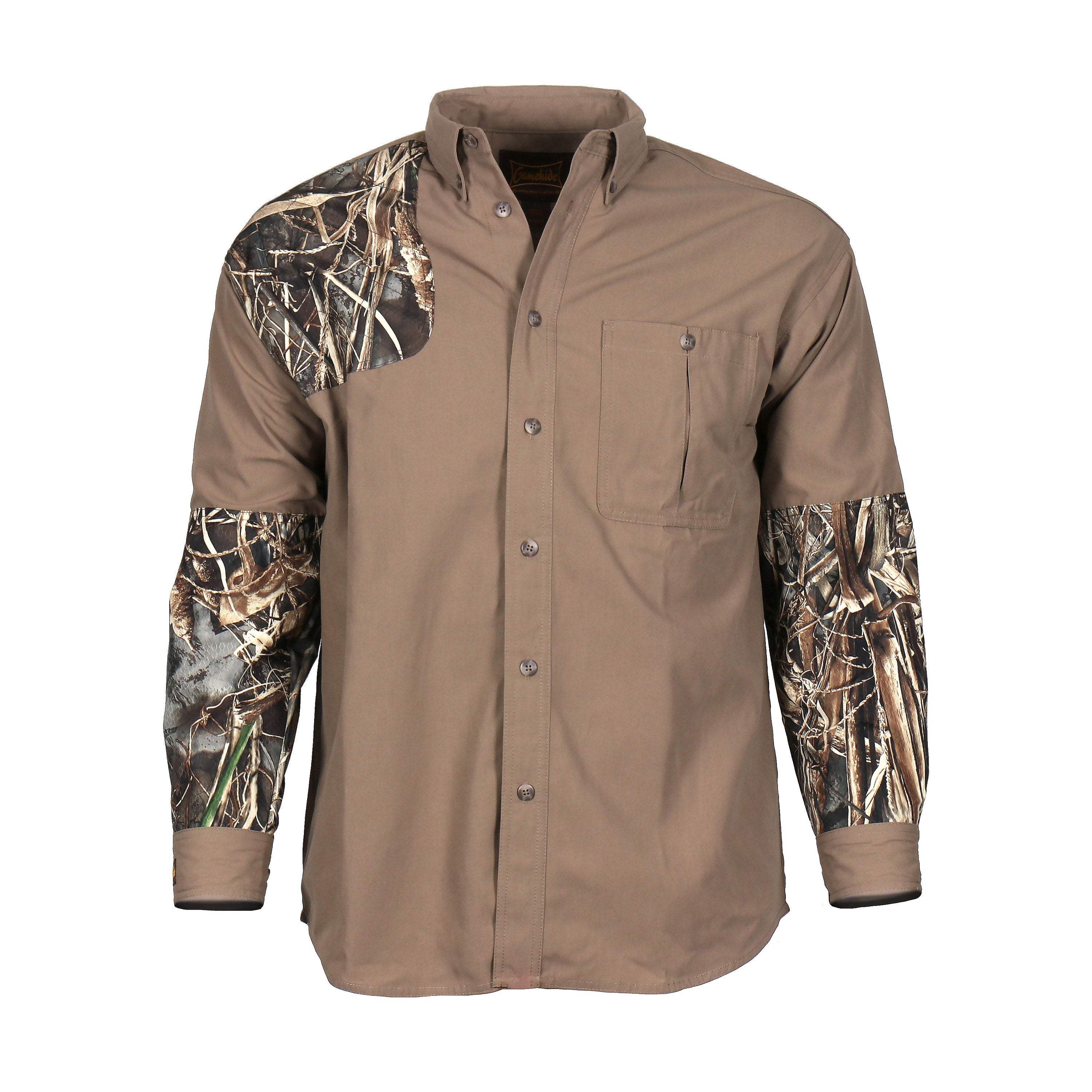 Load image into Gallery viewer, Snapcartshop upland shooting shirt (tan/realtree max 7)
