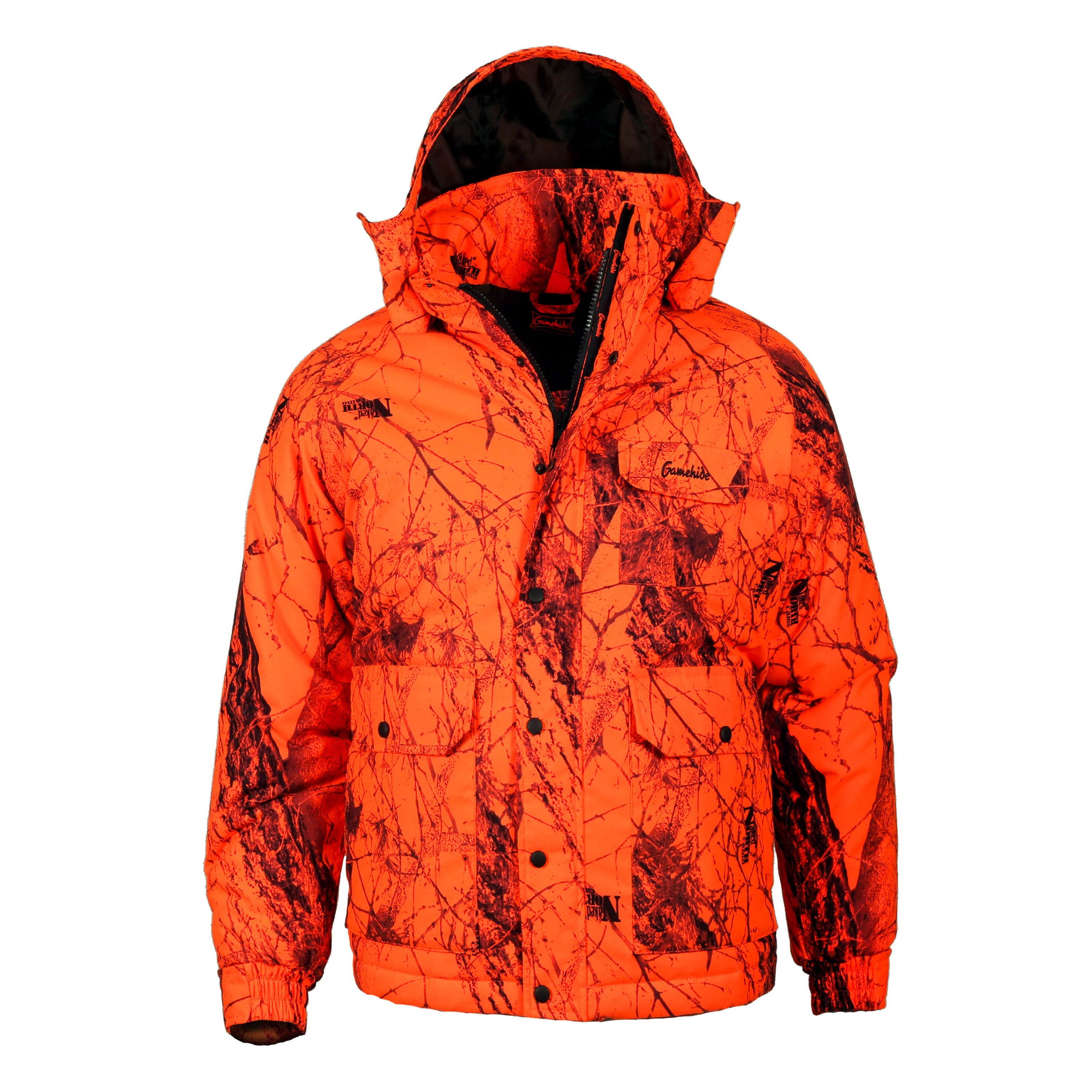 Load image into Gallery viewer, Snapcartshop deer hunter parka - front view (naked north blaze orange camo)
